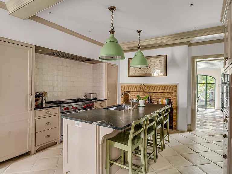 Scott Bessent's Charleston Waterfront Mansion, sage green and beige country kitchen