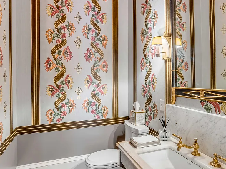 Scott Bessent's Charleston Waterfront Mansion, luxury powder room wallpaper