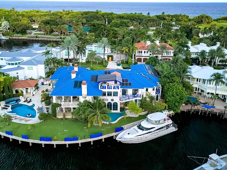 Crazy Florida mansion located at 1201 Marble Way in Boca Raton, exterior view from the Intracoastal