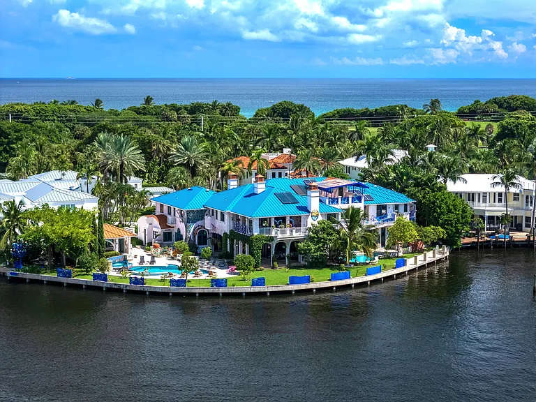 Crazy Florida mansion located at 1201 Marble Way in Boca Raton, exterior view from the Intracoastal