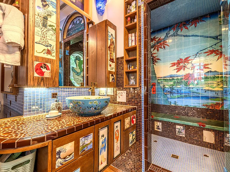 Crazy Florida mansion located at 1201 Marble Way in Boca Raton, eclectic turquoise and wood mosaic tile bathroom