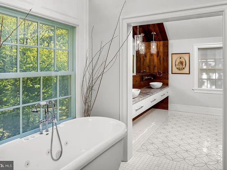 1700s equestrian estate in Lower Gwynedd Pennsylvania, colonial era       master bathroom with modern finishes and soaking tub