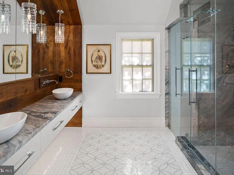 1700s equestrian estate in Lower Gwynedd Pennsylvania, colonial era       master bathroom with modern finishes and soaking tub