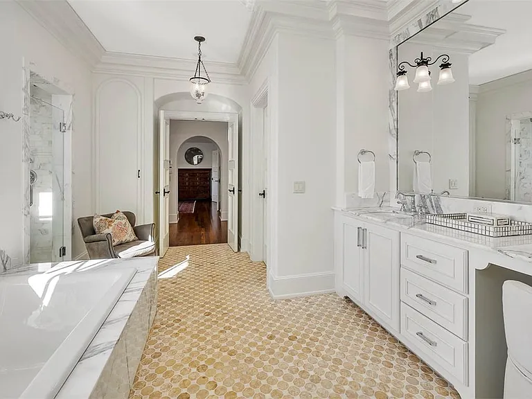 Most beautiful mansion on Saint Simons Island, Georgia, massive master bathroom with important Italian marble