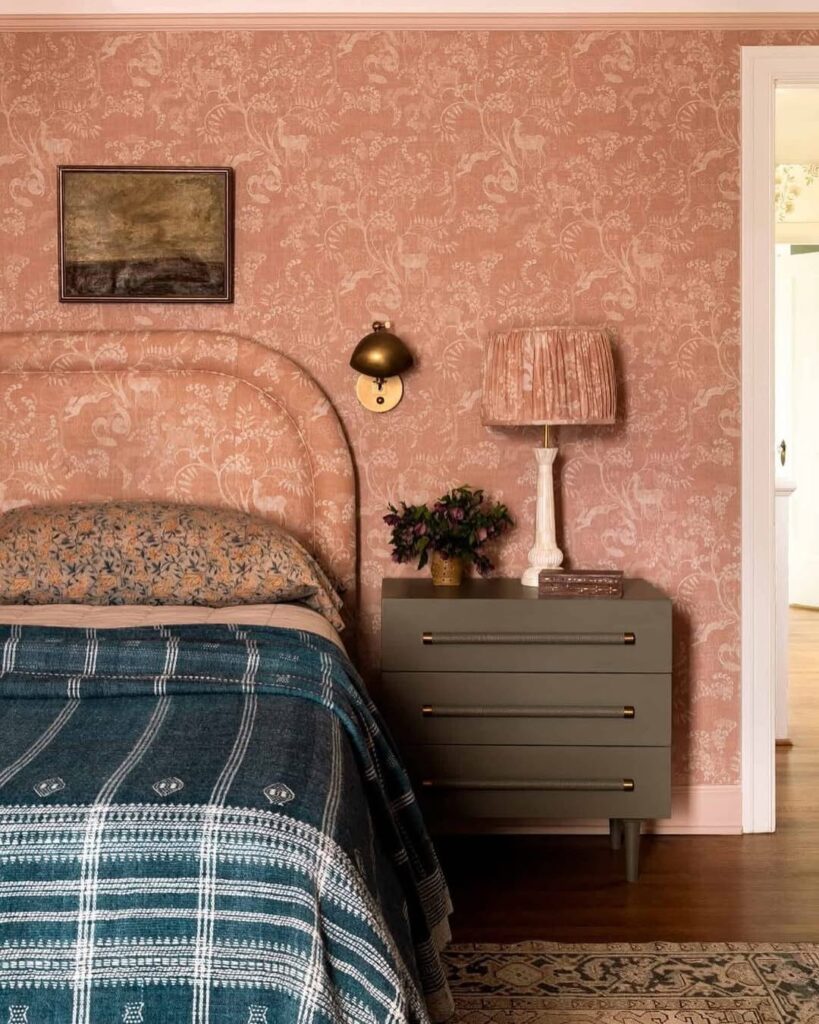 Pink floral wallpaper and matching bed headboard, cute room ideas