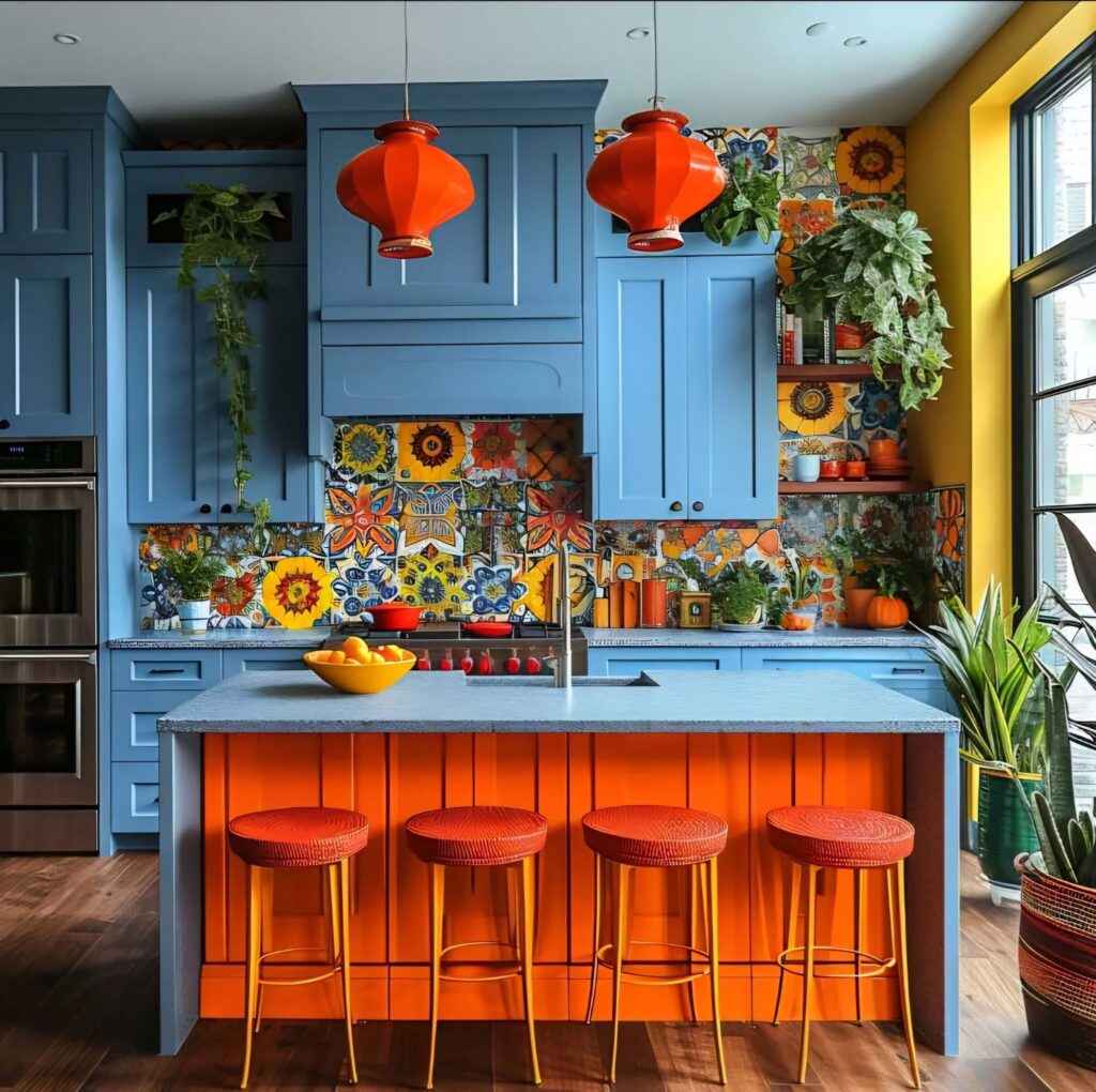 Bright blue and orange kitchen with orange kitchen stools, cute room ideas