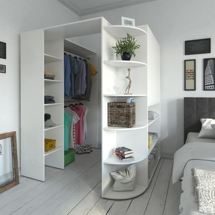 walk-in closet made from shelving units, cute room ideas