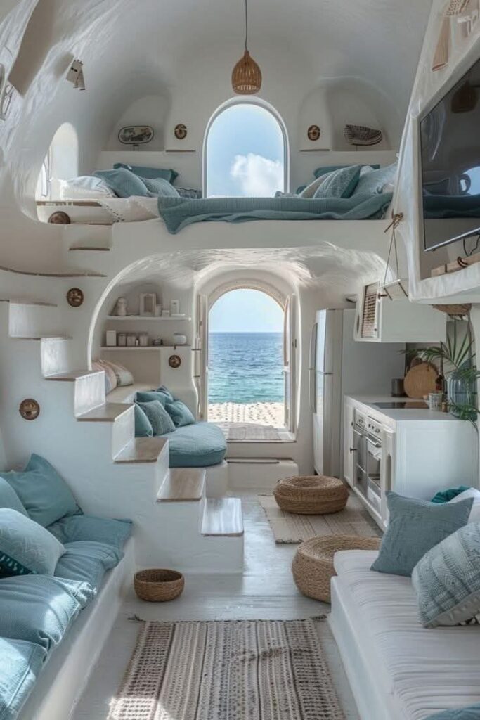 Multi-level tiny home by the beach with coastal furnishings, cute room ideas