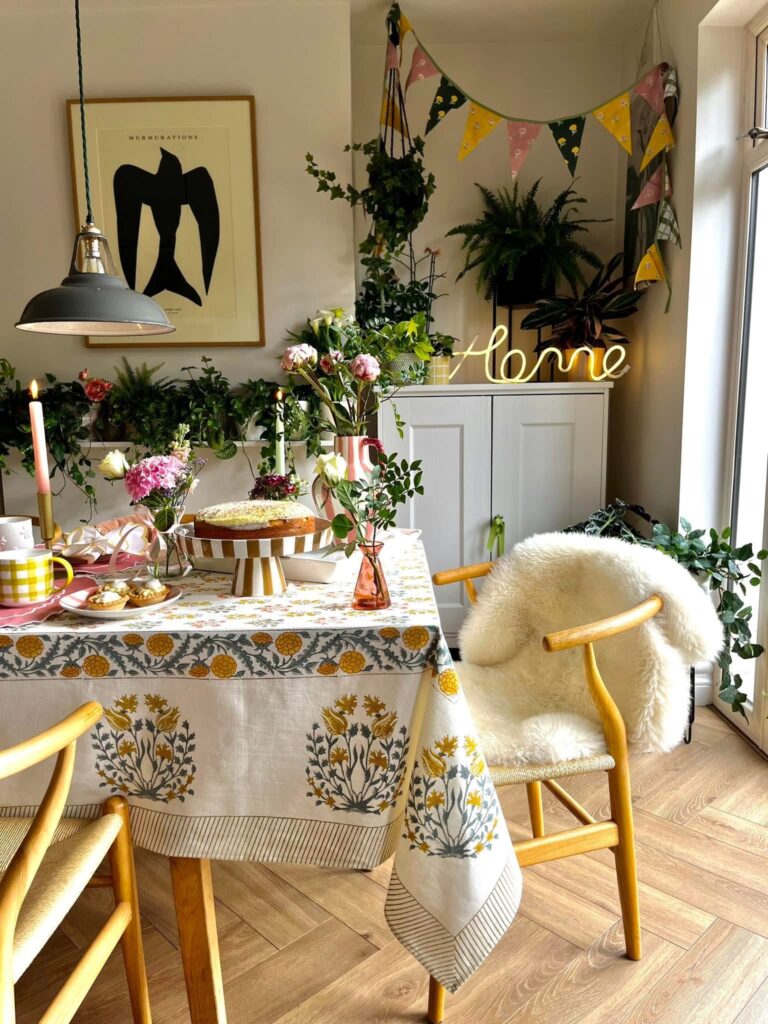 Cozy dining room space with Boho chairs and plants, cute room ideas