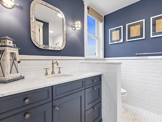 Renovated LBI Beach Mansion, interior of 6601 Ocean Blvd, interior guest bathroom with nautical design